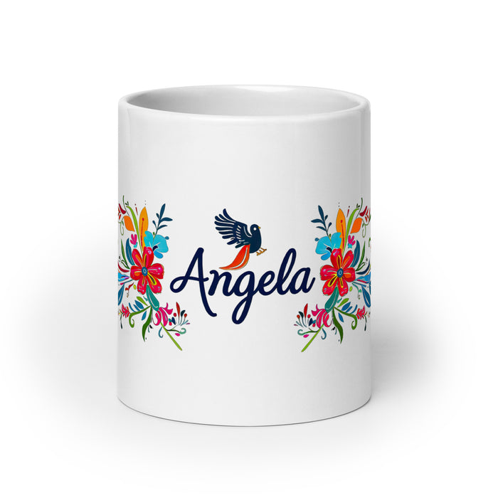 Taza de café exclusiva con nombre de Ángela, obra de arte para el hogar, la oficina, el trabajo, regalo de orgullo mexicano español, taza blanca brillante con caligrafía única en su tipo | Á26