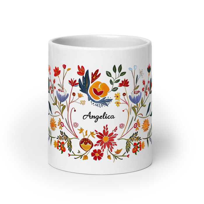 Tasse à café exclusive avec nom d'Angélica, tasse à café pour le travail à domicile, la fierté mexicaine et espagnole, tasse cadeau, calligraphie unique, tasse blanche brillante | A2