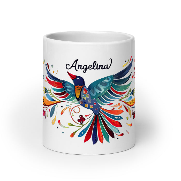 Tasse à café avec nom exclusif Angelina, tasse à café pour le travail à domicile, le bureau, la fierté mexicaine et espagnole, tasse cadeau, calligraphie unique, tasse blanche brillante | A1