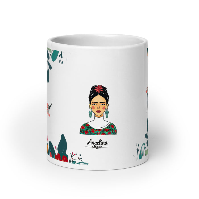 Taza de café exclusiva con nombre de Angelina, obra de arte para el hogar, la oficina, el trabajo, regalo de orgullo mexicano y español, taza blanca brillante con caligrafía única en su tipo | A2