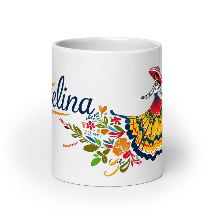 Angelina – Exklusives Namenskunstwerk, Kaffeetasse für Zuhause, Büro, Arbeit, mexikanischer und spanischer Stolz, Geschenktasse, einzigartige Kalligraphie, weiß glänzend, A4