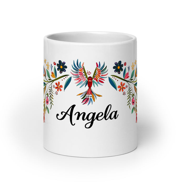 Taza de café exclusiva con nombre de Ángela, obra de arte para el hogar, la oficina, el trabajo, regalo de orgullo mexicano español, taza blanca brillante con caligrafía única en su tipo | Á35