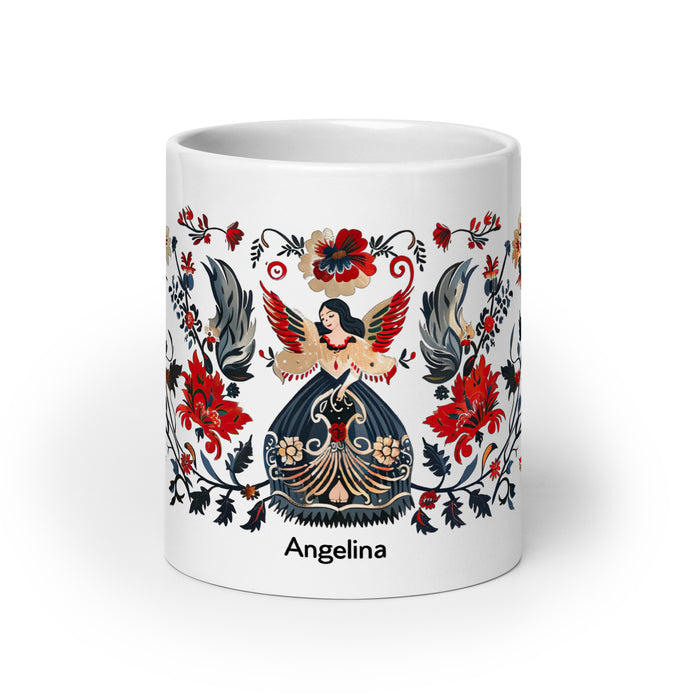 Taza de café exclusiva con nombre de Angelina, obra de arte para el hogar, la oficina, el trabajo, regalo de orgullo mexicano y español, taza blanca brillante con caligrafía única en su tipo | A11