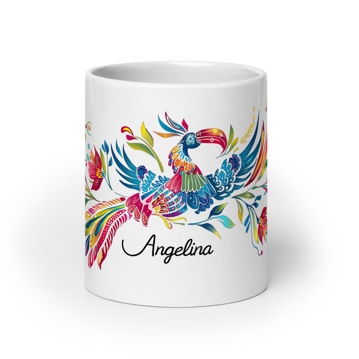 Taza de café exclusiva con nombre de Angelina, obra de arte para el hogar, la oficina, el trabajo, regalo de orgullo mexicano español, taza blanca brillante con caligrafía única en su tipo | A12