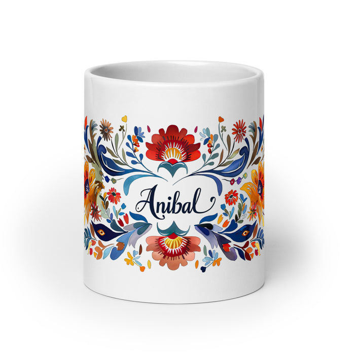 Aníbal Exklusives Namenskunstwerk, Kaffeetasse für Zuhause, Büro, Arbeit, mexikanischer und spanischer Stolz, Geschenktasse, einzigartige Kalligraphie, weiß glänzende Tasse | A11