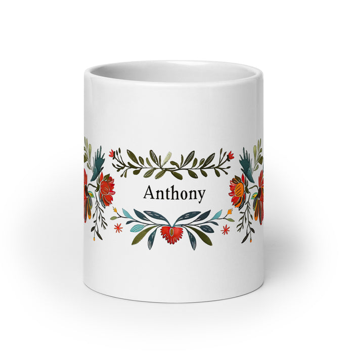 Taza de café exclusiva con nombre de Anthony, obra de arte para el hogar, la oficina, el trabajo, regalo de orgullo mexicano y español, taza blanca brillante con caligrafía única en su tipo | A7