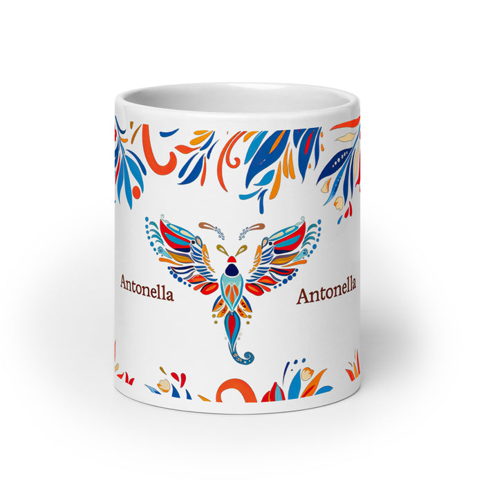 Taza de café exclusiva con nombre de Antonella, obra de arte para el hogar, la oficina, el trabajo, regalo de orgullo mexicano y español, taza blanca brillante con caligrafía única en su tipo | A1