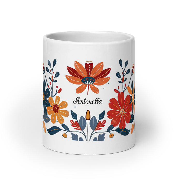 Taza de café exclusiva con nombre de Antonella, para el hogar, la oficina, el trabajo, regalo de orgullo mexicano y español, taza blanca brillante con caligrafía única en su tipo | A2