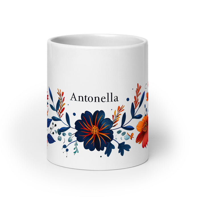 Taza de café exclusiva con nombre de Antonella, para el hogar, la oficina, el trabajo, regalo de orgullo mexicano y español, taza blanca brillante con caligrafía única en su tipo | A3