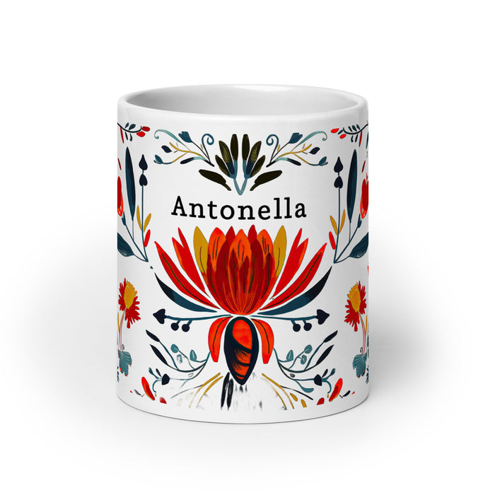 Taza de café exclusiva con nombre de Antonella, para el hogar, la oficina, el trabajo, regalo de orgullo mexicano y español, taza blanca brillante con caligrafía única en su tipo, tamaño A6