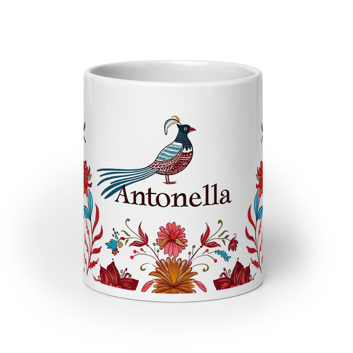 Antonella – Exklusives Namenskunstwerk, Kaffeetasse für Zuhause, Büro, Arbeit, mexikanischer und spanischer Stolz, Geschenktasse, einzigartige Kalligraphie, weiß glänzend, A8