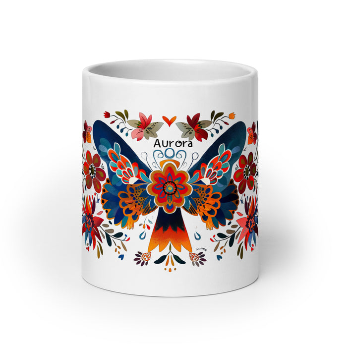 Tasse à café exclusive Aurora avec nom, pour la maison, le bureau, le travail, la fierté mexicaine et espagnole, cadeau unique en son genre, calligraphie, blanche et brillante | A2