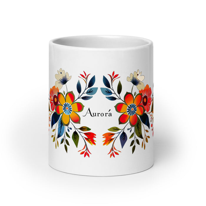 Aurora – Exklusives Namenskunstwerk, Kaffeetasse für Zuhause, Büro, Arbeit, mexikanischer und spanischer Stolz, Geschenktasse, einzigartige Kalligraphie, weiß glänzend, A5