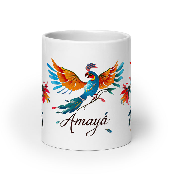 Taza de café exclusiva con nombre de Amaya, obra de arte para el hogar, la oficina, el trabajo, regalo de orgullo mexicano español, taza blanca brillante con caligrafía única en su tipo | A24