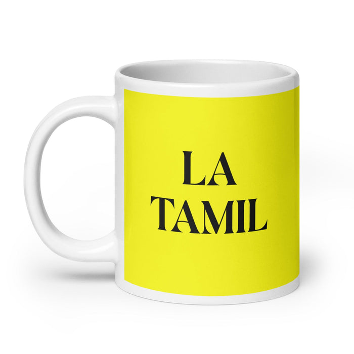 La Tamil La tasse à café amusante pour le travail à domicile et au bureau, cadeau de fierté mexicaine et espagnole, tasse blanche brillante, tasse à carte jaune