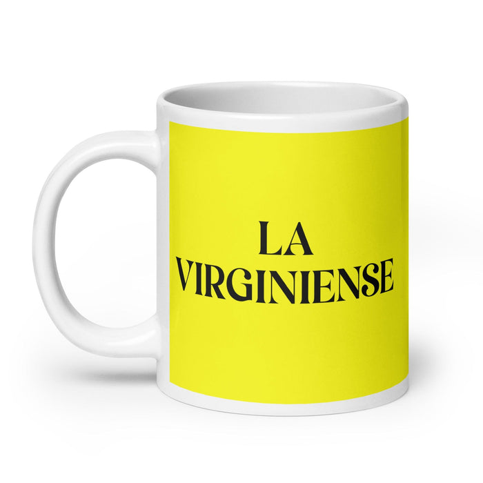 La Virginiense, der Einwohner von Virginia Beach, lustige Kaffeetasse für Zuhause, Büro, Arbeit, mexikanisches spanisches Pride-Geschenk, weiße glänzende Tasse, gelbe Karte