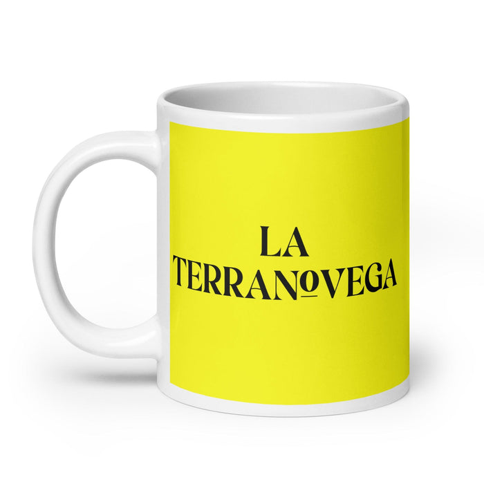 La Terranovega, der Neufundländer, lustige Kaffeetasse für Zuhause, Büro, Arbeit, mexikanisches spanisches Pride-Geschenk, weiße glänzende Tasse, gelbe Karte