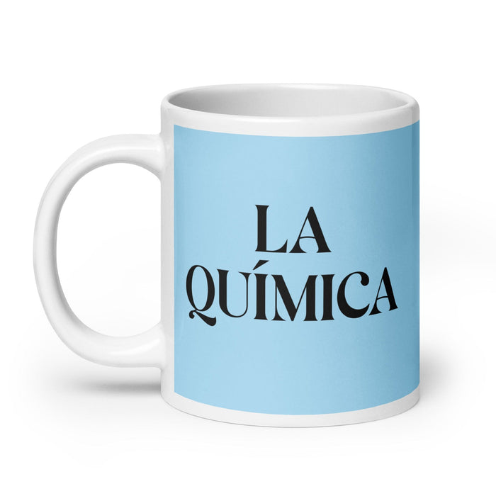 La Química The Chemist - Taza de café divertida para el trabajo en casa o en la oficina, regalo de orgullo mexicano y español, taza blanca brillante, taza con tarjeta azul cielo