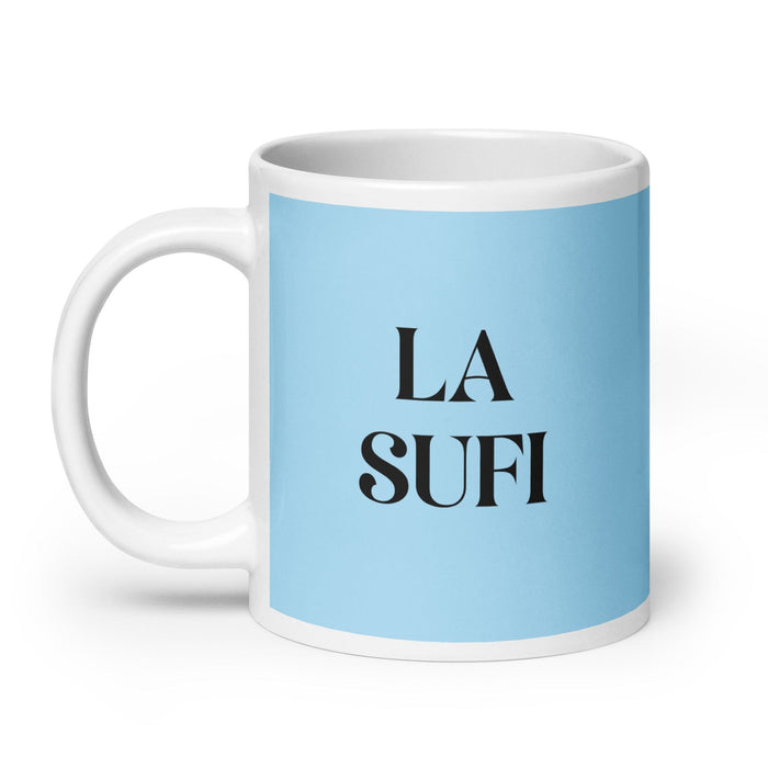 La Sufi, der Sufi, lustige Kaffeetasse für Zuhause, Büro, Arbeit, mexikanisches spanisches Pride-Geschenk, weiße glänzende Tasse, himmelblaue Kartentasse