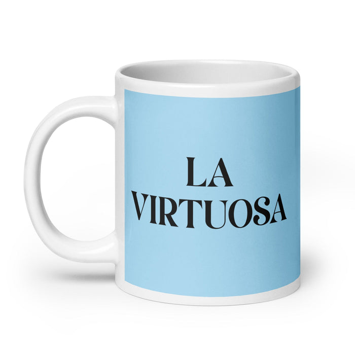 La Virtuosa, der Virtuose, lustige Kaffeetasse für Zuhause, Büro, Arbeit, mexikanisches spanisches Pride-Geschenk, weiße glänzende Tasse, himmelblaue Kartentasse