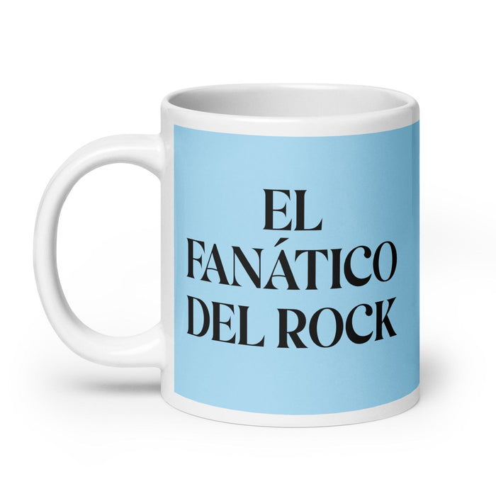 Tasse à café amusante El Fanático Del Rock The Rock Music Lover pour la maison, le bureau, le travail, la fierté mexicaine et espagnole, cadeau blanc brillant, tasse en carte bleu ciel