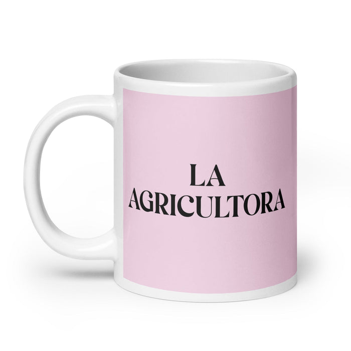 Lustige Kaffeetasse „La Agricultora, der Bauer“, für Zuhause, Büro, Arbeit, mexikanisches spanisches Stolzgeschenk, weiße glänzende Tasse, hellrosa Kartentasse