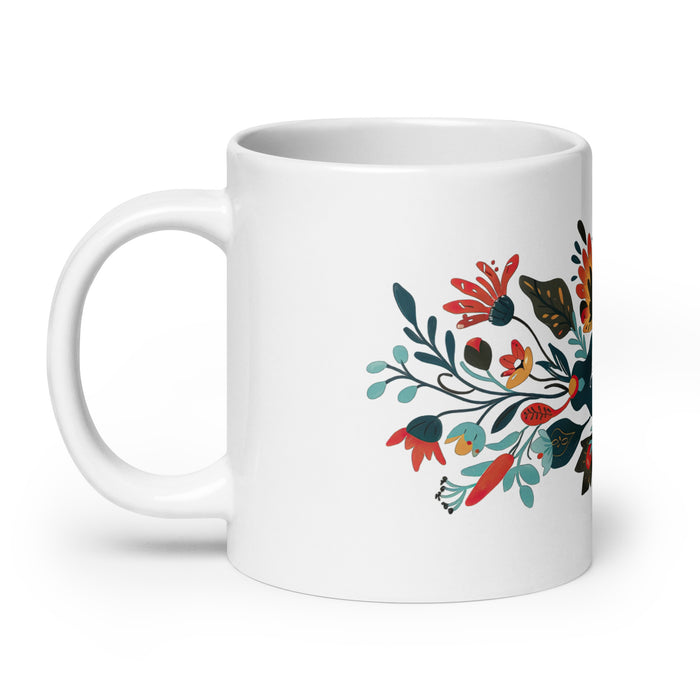 Tasse à café exclusive Amalia avec nom, pour la maison, le bureau, le travail, la fierté mexicaine et espagnole, cadeau unique en son genre, calligraphie, blanche et brillante | A24