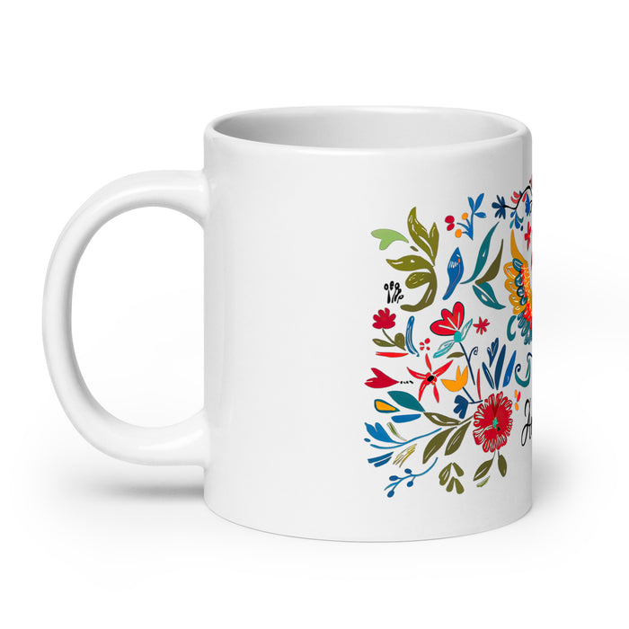 Tasse à café exclusive Amanda avec nom, pour la maison, le bureau, le travail, la fierté mexicaine et espagnole, cadeau unique en son genre, calligraphie, blanc brillant | A14