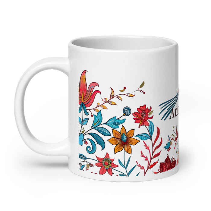 Taza de café exclusiva con nombre de Antonella, para el hogar, la oficina, el trabajo, regalo de orgullo mexicano y español, taza blanca brillante con caligrafía única en su tipo, tamaño A8