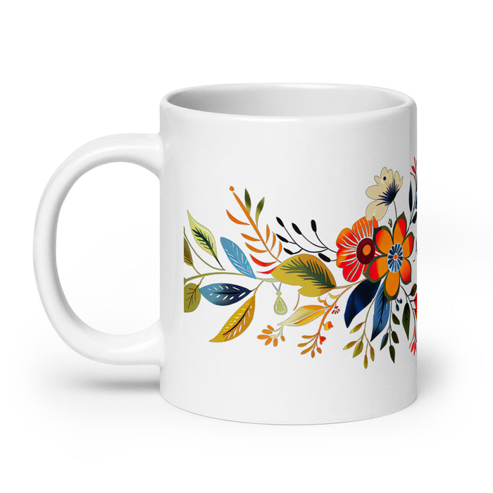 Taza de café exclusiva Aurora con nombre, obra de arte, para el hogar, la oficina, el trabajo, regalo de orgullo mexicano y español, taza blanca brillante con caligrafía única en su tipo | A5