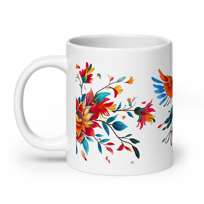 Tasse à café Amaya exclusive avec nom, tasse à café pour le travail à domicile, tasse cadeau de fierté espagnole mexicaine, tasse blanche brillante avec calligraphie unique en son genre | A24