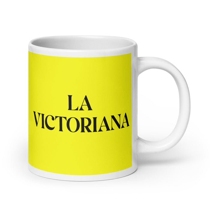 La Victoriana, die viktorianische lustige Kaffeetasse für Zuhause, Büro, Arbeit, mexikanisches spanisches Stolzgeschenk, weiße glänzende Tasse, gelbe Kartentasse