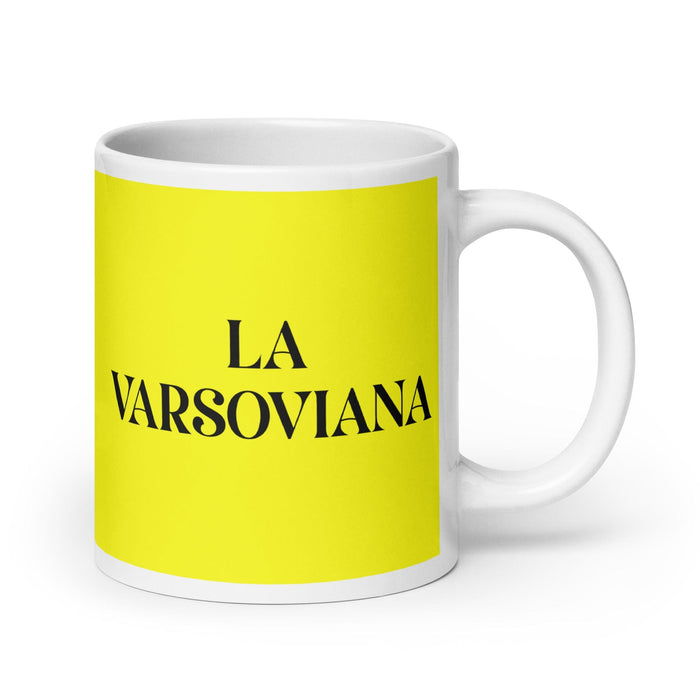 La Varsoviana, der Einwohner von Warschau, lustige Kaffeetasse für Zuhause, Büro, Arbeit, mexikanisches spanisches Pride-Geschenk, weiße glänzende Tasse, gelbe Karte