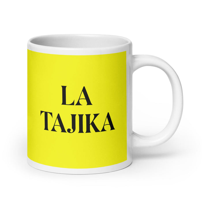 La Tajika, die tadschikische lustige Kaffeetasse für Zuhause, Büro, Arbeit, mexikanisches spanisches Stolzgeschenk, weiße glänzende Tasse, gelbe Karte