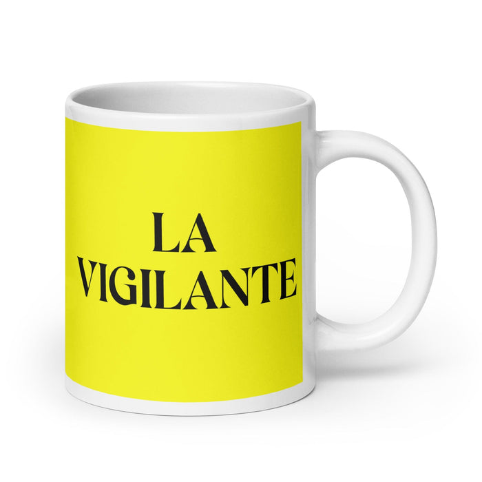 La Vigilante, el guardia de seguridad, divertida taza de café para el trabajo en casa o en la oficina, regalo de orgullo mexicano español, taza blanca brillante, taza con tarjeta amarilla