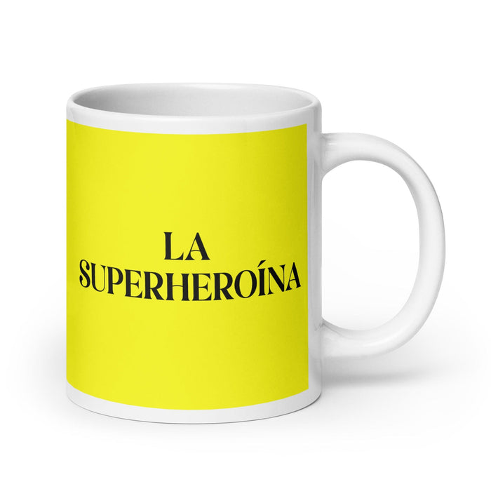 La Superheroína, der Superheld, lustige Kaffeetasse für Zuhause, Büro, Arbeit, mexikanisches spanisches Pride-Geschenk, weiße glänzende Tasse, gelbe Karte