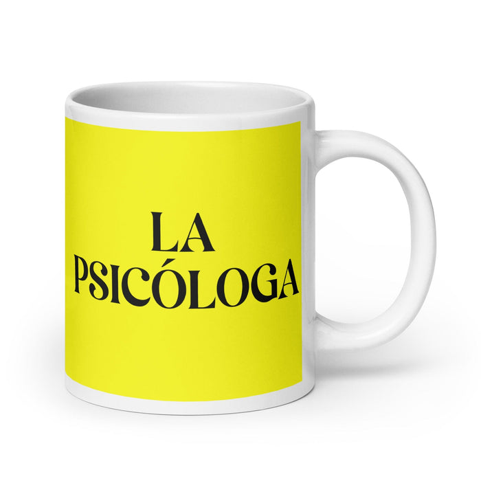 La Psicóloga, die Psychologin, lustige Kaffeetasse für Zuhause, Büro, Arbeit, mexikanisches spanisches Pride-Geschenk, weiße glänzende Tasse, gelbe Karte