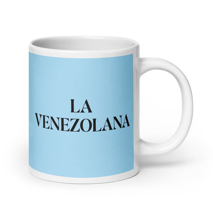 La Venezolana, die venezolanische lustige Kaffeetasse für Zuhause, Büro, Arbeit, mexikanisches spanisches Stolzgeschenk, weiße glänzende Tasse, himmelblaue Kartentasse