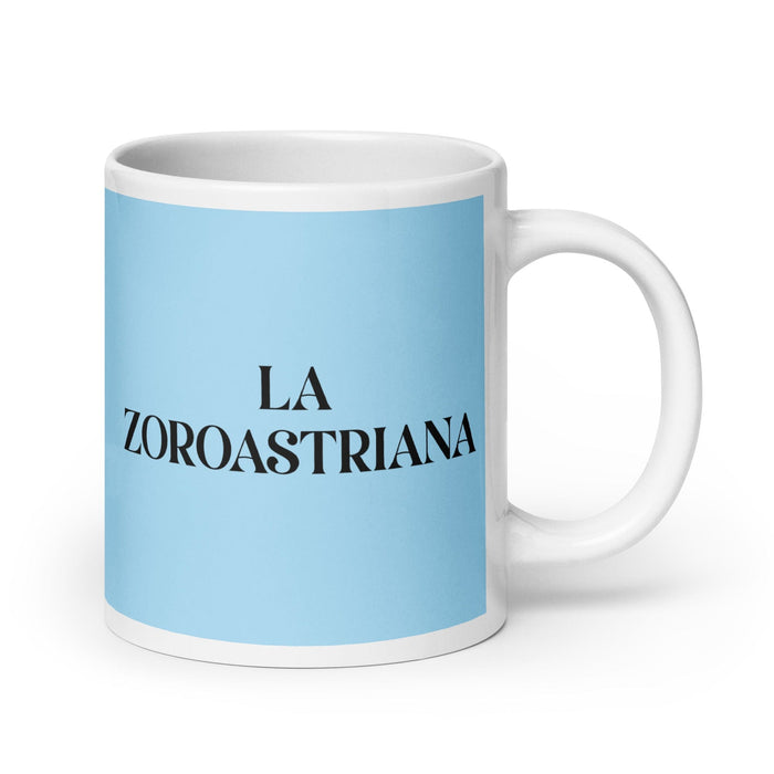 La Zoroastriana, der Zoroastrier, lustige Kaffeetasse für Zuhause, Büro, Arbeit, mexikanisches spanisches Pride-Geschenk, weiße glänzende Tasse, himmelblaue Kartentasse