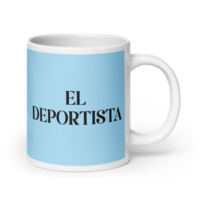 Taza de café divertida para el trabajo en casa o la oficina, con el atleta El Deportista, regalo de orgullo mexicano español, taza blanca brillante, taza azul cielo