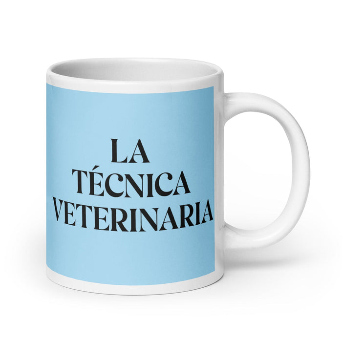 La Técnica Veterinaria Taza de café divertida para el trabajo en casa o en la oficina, regalo de orgullo mexicano español, taza blanca brillante, taza azul cielo con tarjeta