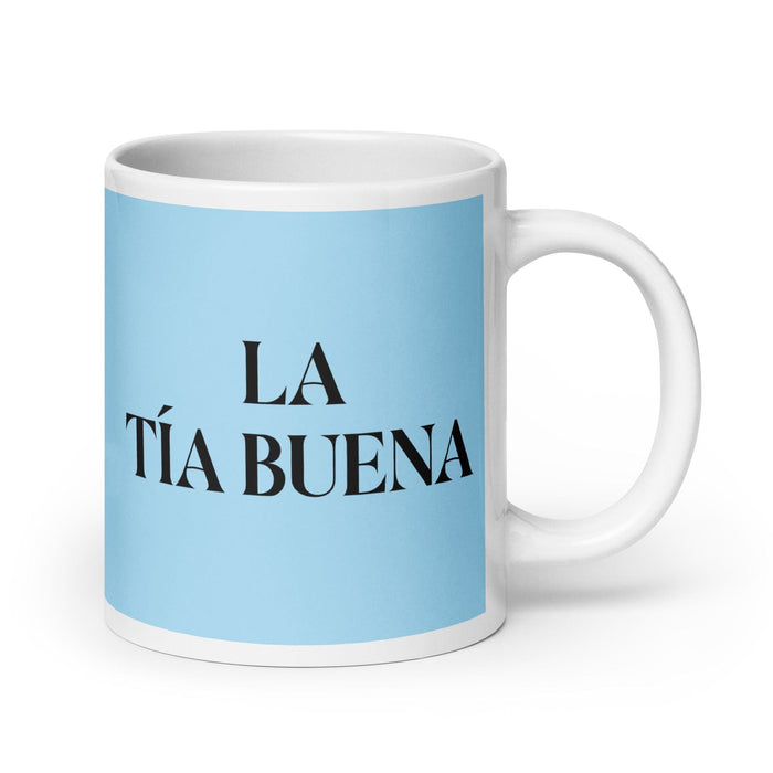 La Tía Buena The Hot One Tasse à café amusante pour la maison ou le bureau Cadeau de fierté mexicaine espagnole Tasse blanche brillante Carte bleu ciel