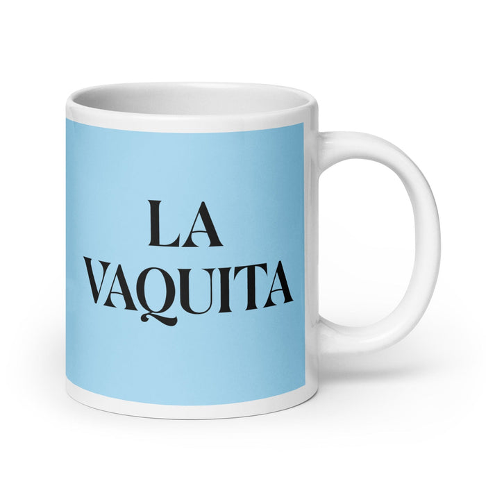 La Vaquita, die kleine Kuh, lustige Kaffeetasse für Zuhause, Büro, Arbeit, mexikanisches spanisches Stolzgeschenk, weiße glänzende Tasse, himmelblaue Kartentasse