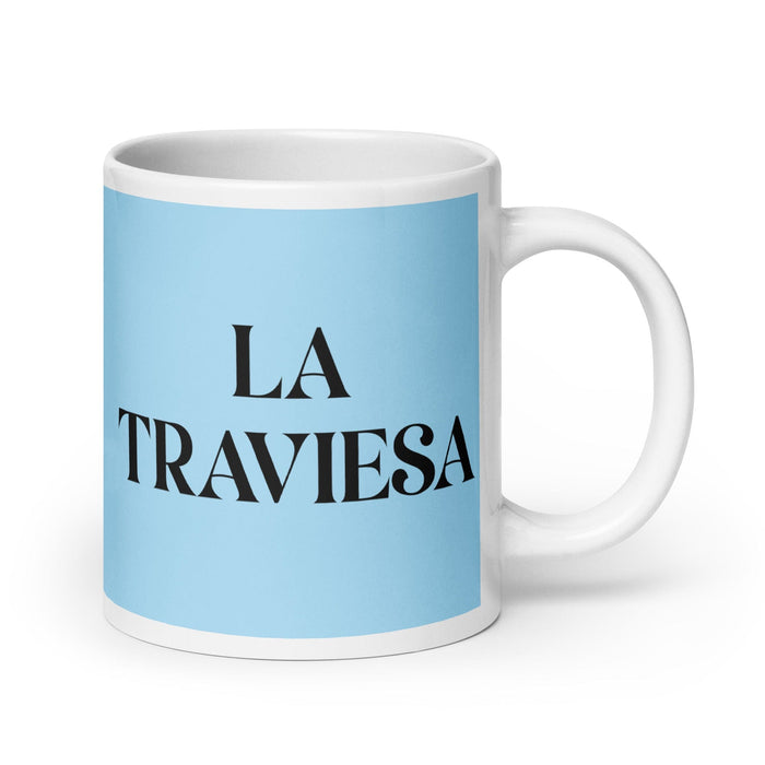 La Traviesa, die Schelmisch, lustige Kaffeetasse für Zuhause, Büro, Arbeit, mexikanisches spanisches Pride-Geschenk, weiße glänzende Tasse, himmelblaue Kartentasse