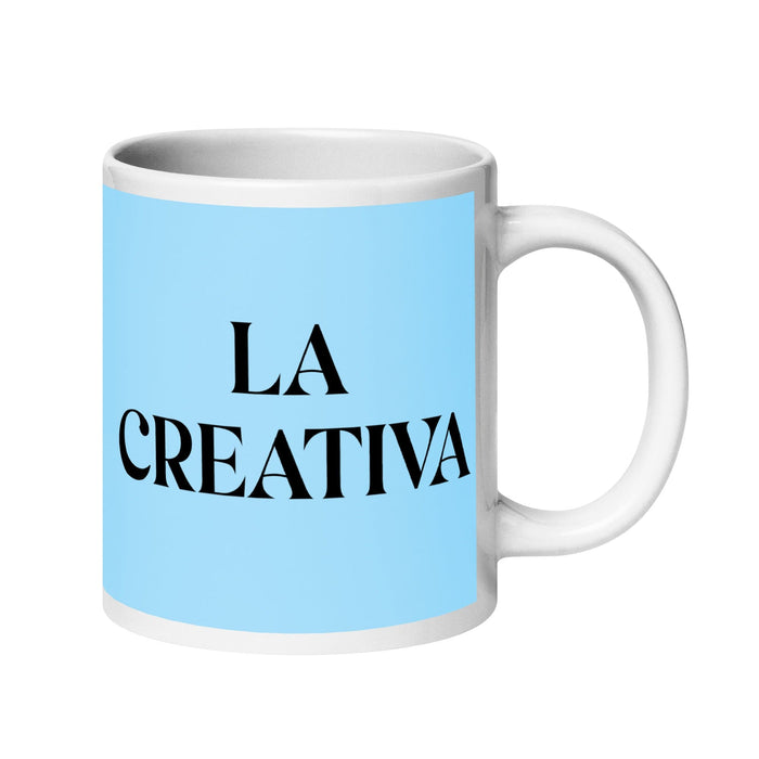 La Creativa, die kreative, lustige Kaffeetasse für Zuhause, Büro und Arbeit, mexikanisches und spanisches Stolzgeschenk, weiße, glänzende Tasse, himmelblaue Kartentasse