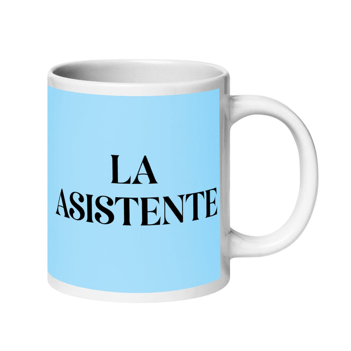 Lustige Kaffeetasse mit Aufschrift „La Asistente, The Assistant“, für Zuhause, Büro, Arbeit, mexikanisches spanisches Pride-Geschenk, weiße, glänzende Tasse, himmelblaue Kartentasse