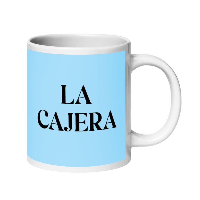 La Cajera The Cashier Funny Home Office Work Coffee Mug Mexican Spanish Pride Gift White Glossy Cup Sky Blue Card Mug