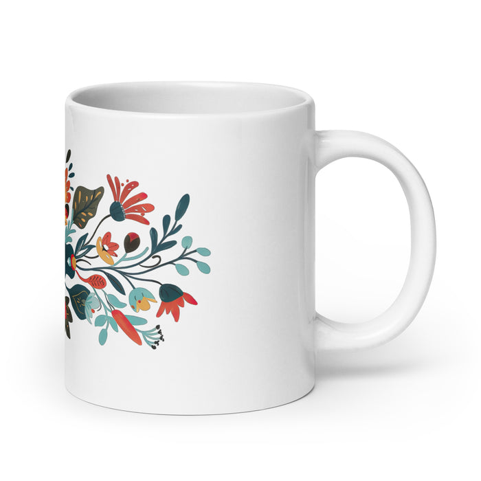 Tasse à café exclusive Amalia avec nom, pour la maison, le bureau, le travail, la fierté mexicaine et espagnole, cadeau unique en son genre, calligraphie, blanche et brillante | A24