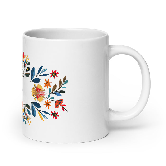 Tasse à café exclusive Amanda avec nom, pour la maison, le bureau, le travail, la fierté mexicaine et espagnole, cadeau unique en son genre, calligraphie, blanc brillant | A18