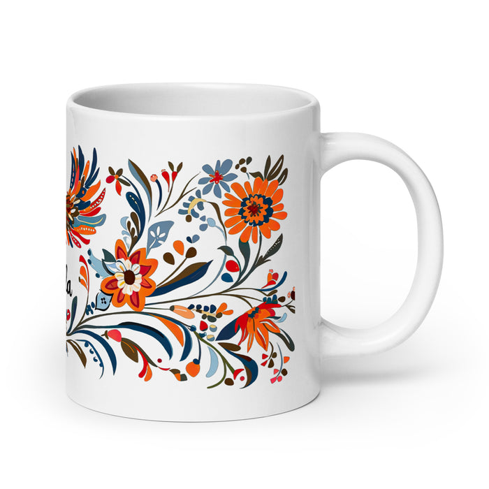 Tasse à café exclusive avec nom d'Ángela, tasse à café pour le travail à domicile, la fierté espagnole mexicaine, tasse cadeau, calligraphie unique, tasse blanche brillante | Á1